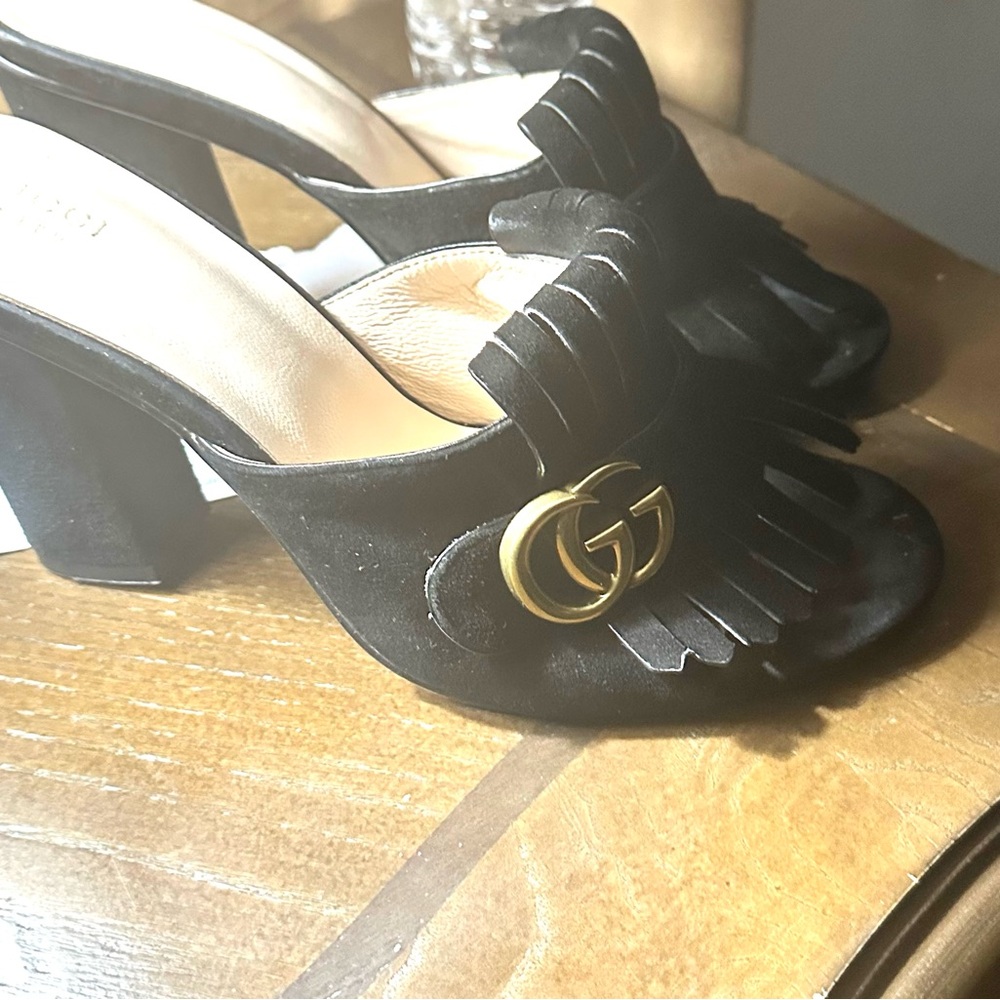 Gucci Black Mules with Gold Logo and Ruffle Detail